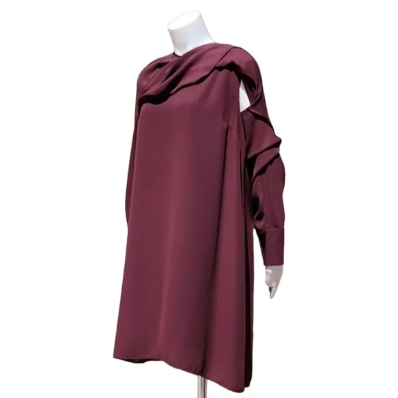 WHO WHAT WEAR WWW Burgundy Chiffon Caplet Dress L Cape Long Sleeve MODEST - Picture 11 of 16